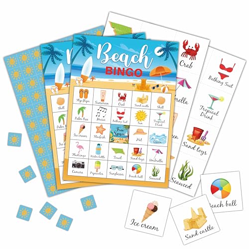 Beach Party Bingo Cards, Summer Bingo Games for 24 Players, Pool Party Games for Family Friends Large Group Activities, Beach Party Favors Supplies Decorations(33) - style: Beach