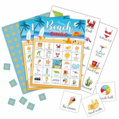 Beach Party Bingo Cards, Summer Bingo Games for 24 Players, Pool Party Games for Family Friends Large Group Activities, Beach Party Favors Supplies Decorations(33) - style: Beach