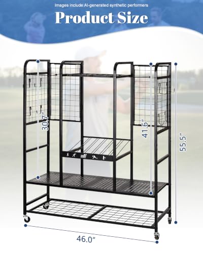 Mythinglogic Golf Bag Storage Rack with Wheels, Large Golf Organizer for Garage, Holds 2 Golf Bags, Golf Storage Stand with Shelves and Hooks for Shoes, Balls, Towels and Golf Accessories | large capacity, lockable casters, hold up to 2 golf bags