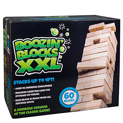 Extra Large Stack Tower Drinking Game w Carrying Case - Stack up to 5 Ft Tall- 60pcs Giant Wooden Blocks w Drinking Commands (21+ Only) - Fun Party Game for College & Adults