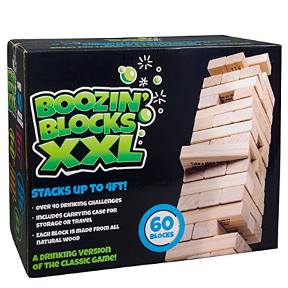 Extra Large Stack Tower Drinking Game w Carrying Case - Stack up to 5 Ft Tall- 60pcs Giant Wooden Blocks w Drinking Commands (21+ Only) - Fun Party Game for College & Adults