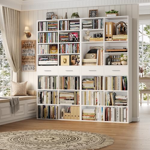 HOSTACK 73" Tall Bookshelf with Drawers, 7-Tier White Bookshelf with Storage, Double Wide Bookcase with 14 Open Book Shelves, Wood Book Case with Adjustable Shelves for Media CD DVD Storage, White - color: White