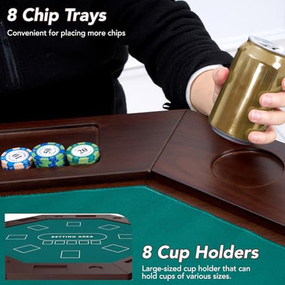 Octagonal Solid Wood Poker Table, 60 Inch 8-Player Casino Style Game Table with Built-in Cup Holders & Felt Playing Surface, Heavy-Duty for Home Game Room, Party & Entertainment