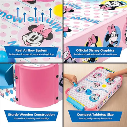 Disney Minnie Mouse Air Hockey Table for Kids - Wooden Tabletop Game with Puck, Pushers & Air Flow System - Disney Toys for Kids 4+
