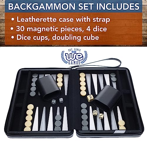WE Games Backgammon Set, Board Games for Adults - Travel Games - Black with Gray Stripe Magnetic Leatherette Backgammon Board and Carrying Strap - Travel Backgammon Sets for Adults - color: Black With Gray Stripe