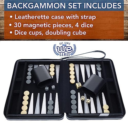 WE Games Backgammon Set, Board Games for Adults - Travel Games - Black with Gray Stripe Magnetic Leatherette Backgammon Board and Carrying Strap - Travel Backgammon Sets for Adults - color: Black With Gray Stripe