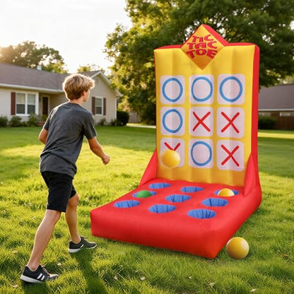 Inflatable Ball Toss Carnival Game with Built-in Blower, Portable Tic-Tac-Toe Toss Game for Backyard Party, School Carnival & Family Fun Event - style: Tic-Tac-Toe