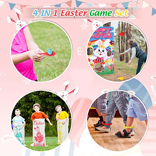 23 Packs Easter Outdoor Party Games for Kids Potato Sack Race Jumping Bags with Legged Race Bands, Egg and Spoon Race，Toss Game and Stickers, Outdoor Games for Easter Eggs Hunt,Easter Party Supplies