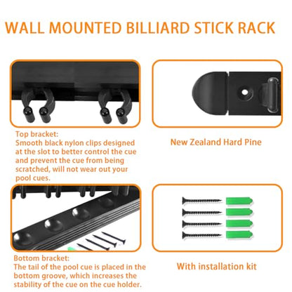 SUPERDIAMOND Pool Cue Rack Wall Mount, 8 Cues Solid Wood Pool Stick Holder, 2-Piece Minimalist Cue Stick Holder & Billiard Cue Racks for Game Room, (Black / 8 Cues) - size: 8 Cues, style: SU-LM-Pool Cue Rack-8cues