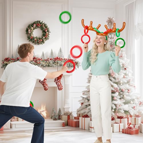4 Set Inflatable Reindeer Antler Ring Toss Game for Xmas Party, 2025 Christmas Antler Hat Ring Toss Game for Kids Adults, Family Indoor Outdoor Reindeer Toss Game (4 Antlers 16 Rings 1 Pump)