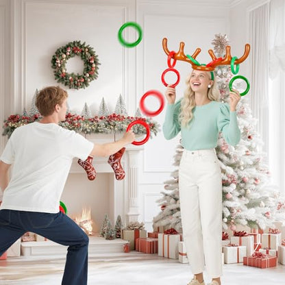 4 Set Inflatable Reindeer Antler Ring Toss Game for Xmas Party, 2025 Christmas Antler Hat Ring Toss Game for Kids Adults, Family Indoor Outdoor Reindeer Toss Game (4 Antlers 16 Rings 1 Pump)