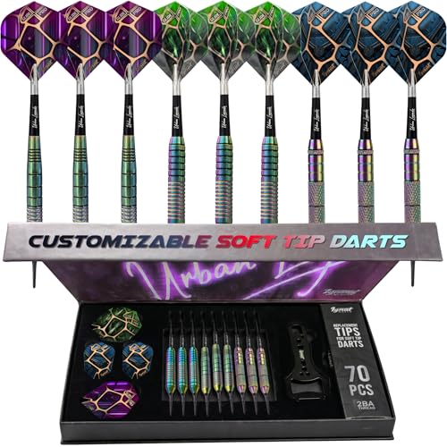 IgnatGames Soft Tip Darts Set for Electronic Dartboards, 9 Pack 18g Stainless Steel, Multi-Zone Grip, 70 Spare Tips, Magnetic Case & Companion App - color: 16g Vegas Lights