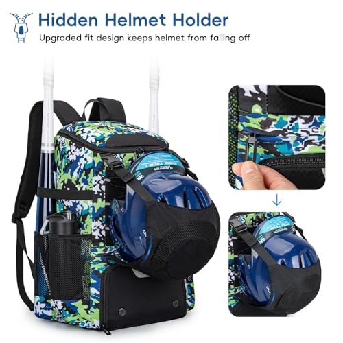 KAVIGOR Baseball Bag for Youth and Adult, Softball Backpack 40L Large Capacity, Bat Backpack with Shoes Compartment and Hidden Helmet Holder - color: Green Camo