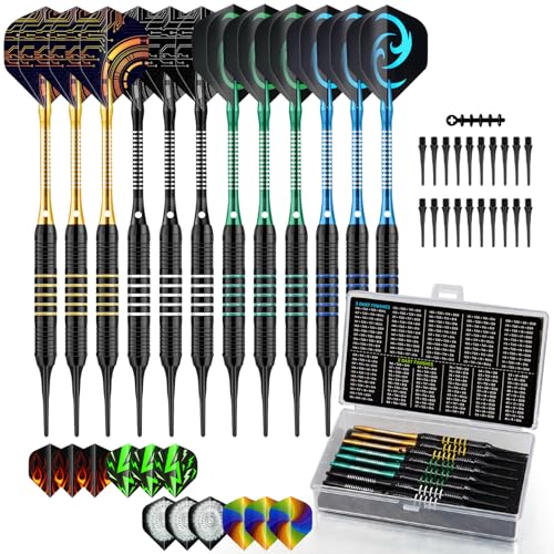 12Pcs Soft Tip Darts, 18 Gram Plastic Tip Dart Sets with 4 Color Aluminum Shafts 8 Style Flights, Replace the Dart Head, Ideal for Beginners & Pros Home/Bar/Competition