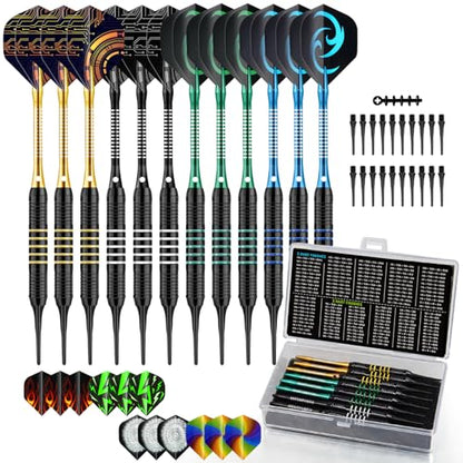 12Pcs Soft Tip Darts, 18 Gram Plastic Tip Dart Sets with 4 Color Aluminum Shafts 8 Style Flights, Replace the Dart Head, Ideal for Beginners & Pros Home/Bar/Competition