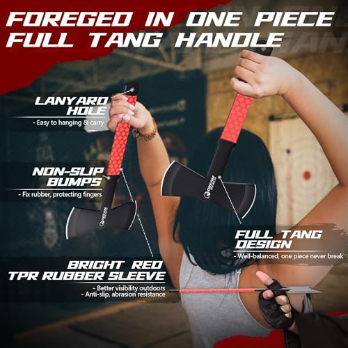 Dream Reach Throwing Axe Set - 3PCS Full Tang Handle Double Sided Throwing Hatchets with TPR Rubber Sleeve and Protective Sheaths for Recreation and Competition - color: Red Double Sided Set of 3