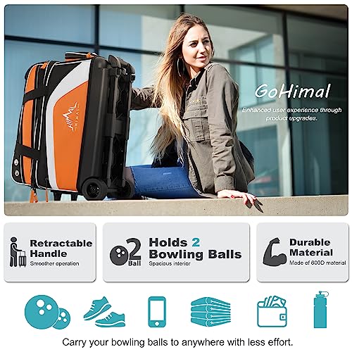 GoHimal Double Roller Bowling Bag, Shoe Compartment, Upgraded Fabric | Fits US men's size 15 shoes,multi pockets,retractable handle extends to 40",smooth-rolling wheels,lightweight design - color: Black-Orange