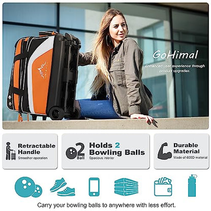GoHimal Double Roller Bowling Bag, Shoe Compartment, Upgraded Fabric | Fits US men's size 15 shoes,multi pockets,retractable handle extends to 40",smooth-rolling wheels,lightweight design - color: Black-Orange