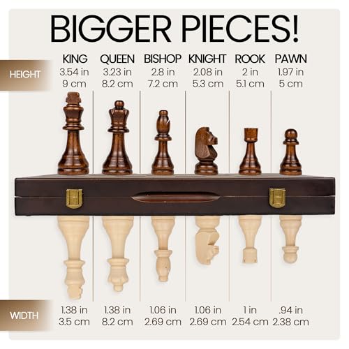 17" Magnetic Wooden Chess Set - Large Folding Portable Travel Chess Board - Hand Carved Pieces - Foam Storage Slots - 2 Extra Queens - Tournament and Beginner Play - Adults and Kids - size: 17"