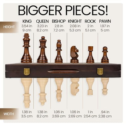 17" Magnetic Wooden Chess Set - Large Folding Portable Travel Chess Board - Hand Carved Pieces - Foam Storage Slots - 2 Extra Queens - Tournament and Beginner Play - Adults and Kids - size: 17"