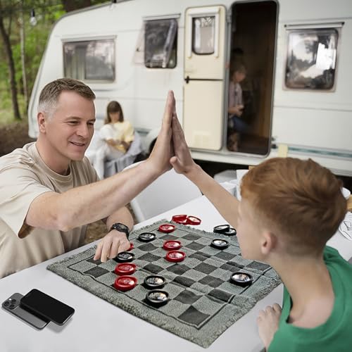 3-in-1 Giant Checkers & Tic Tac Toe - Jumbo 25.6" Square Rug, 2 Player Game Set, Indoor-Outdoor Family Fun, Portable & Easy to Set Up, Age 4+