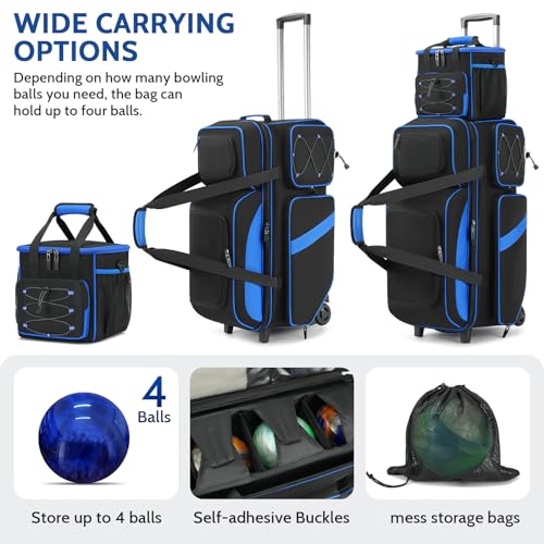 4 Ball Bowling Bag with Wheels, 3 Ball Bowling Bags Roller with 1 Ball Add On Bag, Multi-Pockets & Shoe Compartment (Fits Up to Size 16) - color: Blue