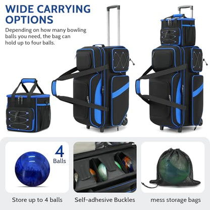 4 Ball Bowling Bag with Wheels, 3 Ball Bowling Bags Roller with 1 Ball Add On Bag, Multi-Pockets & Shoe Compartment (Fits Up to Size 16) - color: Blue