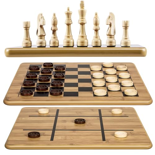 VAMSLOVE Wooden Chess Checkers Tic-Tac-Toe Game Set 11.5" x 11.5" Double-Sided 3 in 1 Board with 34 Chess Pieces - 2 Extra Queens - 24 Interlocking Checkers - Storage Bag - Instructions
