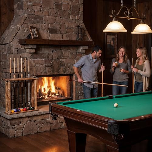 Rush Creek Creations Rustic Pine Billiard Pool Cue Rack for up to 6 Cues and 16 Billiard Balls, Floor Standing Pool Stick Holder with Cup Holders