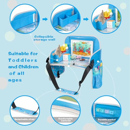 MENZOKE Kids Travel Tray, Car Seat Tray for Kids Travel, Toddler Essentials Girls with Tablet Holder, Road Trip Essentials with Cooler Cup Holder, Dry Erase Board & Storage Pocket for Airplane, Blue - color: Blue Aquarium