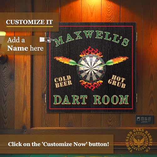 Personalized Dart Board Cabinet Set with 6 Steel Tip Darts, Paper Dartboard, Chalk & Eraser (21.5 x 21.5 x 2.75) - Man Cave Dart Boards for Adults - style: Dart Room' (Flames Design)
