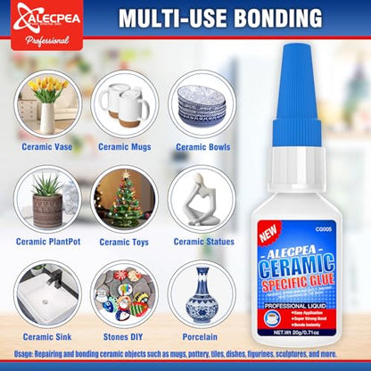 ALECPEA 20g Ceramic Glue - High-Strength Adhesive for Porcelain & Pottery Repair - Waterproof & Heat-Resistant Bond for Dishes, Tiles, Vases & Statues - Quick 15s Set with 3 Precision Tips - size: 20g/1Pack, style: Ceramic Glue