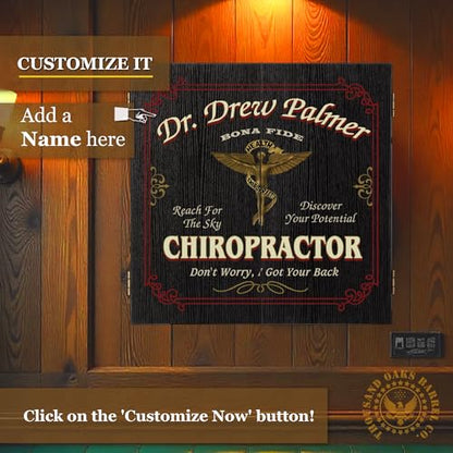 THOUSAND OAKS BARREL CO. Personalized Chiropractor Dart Cabinet - Imprinted Dart Board Cabinet for Office - Scoreboard, 6 Steel Tip Darts, Chalk & Eraser (21.5" x 21" x 2.125") - style: Chiropractor Dartboard & Cabinet Set