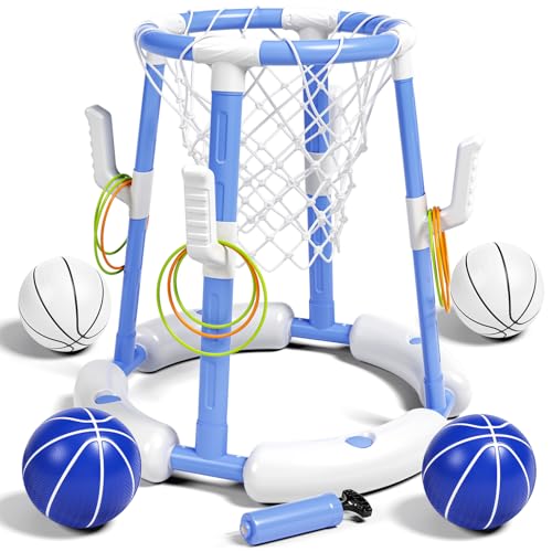 Pool Basketball Hoop&Ring Toss Game 2-in-1 Floating Pool Toy with 4 Balls 8 Rings&Pump,Outdoor Swimming Basketball Party Games Water Play Toy Anti-Tip Stable Base Summer Gift for Kid 4-8 8-12& Adult - size: without backboard
