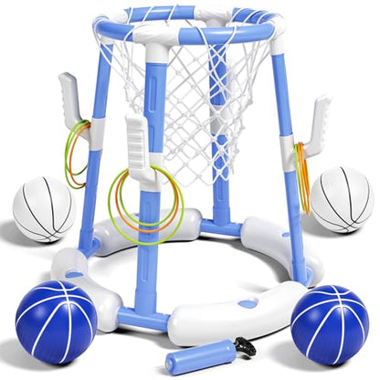 Pool Basketball Hoop&Ring Toss Game 2-in-1 Floating Pool Toy with 4 Balls 8 Rings&Pump,Outdoor Swimming Basketball Party Games Water Play Toy Anti-Tip Stable Base Summer Gift for Kid 4-8 8-12& Adult - size: without backboard