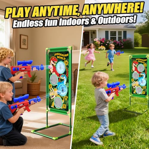 Dinosaur Shooting Game Toys, 2 Air Pump Launcher with Aiming Fun, 3 Dinosaur Theme & 4 Target Score Points, 24 Foam Balls, Indoor Outdoor Toy Gift for Kid Boy 3 4 5 6 7 8 9 10 11 12 Year Old Age 3-12