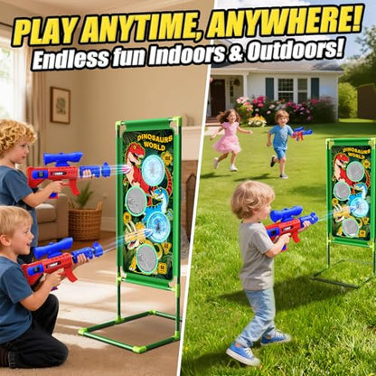 Dinosaur Shooting Game Toys, 2 Air Pump Launcher with Aiming Fun, 3 Dinosaur Theme & 4 Target Score Points, 24 Foam Balls, Indoor Outdoor Toy Gift for Kid Boy 3 4 5 6 7 8 9 10 11 12 Year Old Age 3-12