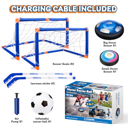 Nazano 3-in-1 Hover Soccer Ball, Kids Toddler Hockey Set with LED Lights,Indoor Outdoor Toys for Kids, Soccer Gift for Boys 6-8 8-12, Birthday,Kids, Boys Girls Age 6, 7, 8, 9, 10, 11, 12 - size: 3-IN-1 HOCKEY SOCCER BALL SET