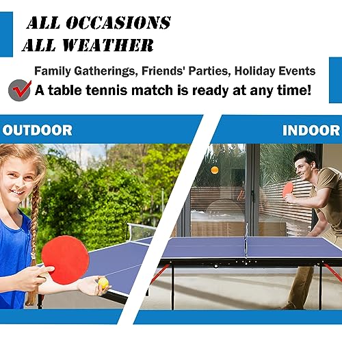Table Tennis Table Mid-Size, Foldable Ping Pong Table Top Full Size with 2 Paddles, 2 Balls, 1 Net & 4 Wheels, Folding Table Tennis for Indoor & Outdoor, Quick Assembly to Support Multiplayer - size: 4.5ft