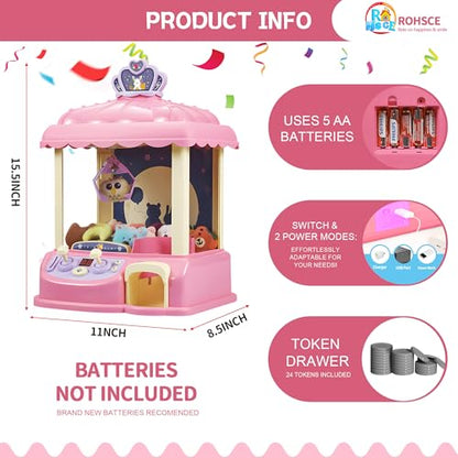 Kids Claw Machine Arcade Toy for Girls Ages 8 to 13 Mini Prize Grabber Candy Dispenser with LED Lights Adjustable Volume USB Powered or Battery Operated Birthday Gift for Kids