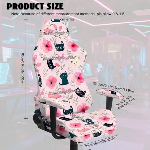 Black Cat Print Gaming Chair Covers Slipcovers with Armrest Covers Flower Print Computer & Gaming Chair Slipcover Universal Fit for Desk/Swivel/Rotating Chairs Protector - color: Pink - Black Cat Flower