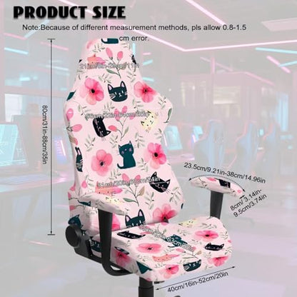 Black Cat Print Gaming Chair Covers Slipcovers with Armrest Covers Flower Print Computer & Gaming Chair Slipcover Universal Fit for Desk/Swivel/Rotating Chairs Protector - color: Pink - Black Cat Flower