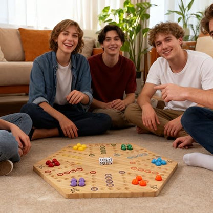 Wahoo Marble Board Game - Extra Large 23.6 Inches Game Board for 4 and 6 Players, Classic Family Fun with 30 Marbles, 6 Dice, Storage Bag & Gift Box, Bright Colors. (Extra Large, Log) - color: Extra Large, Log