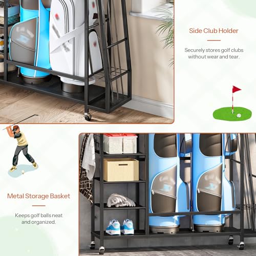 HOOBRO Golf Bag Storage Garage Organizer, Golf Bag Storage Stand Fits 2 Golf Bags and Golf Equipment Rack with Wheels, Extra Storage Rack for Garage, Club, Basement, Black BK49CJ01 - size: 43.3"L x 11.8"W x 33.5"H