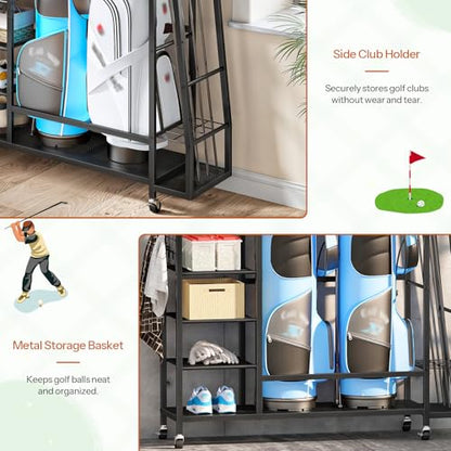 HOOBRO Golf Bag Storage Garage Organizer, Golf Bag Storage Stand Fits 2 Golf Bags and Golf Equipment Rack with Wheels, Extra Storage Rack for Garage, Club, Basement, Black BK49CJ01 - size: 43.3"L x 11.8"W x 33.5"H