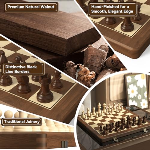Premium Natural Walnut 15" Magnetic Wooden Folding Chess & Checkers Set- 2 in 1 Board Game with 3" King Staunton Pieces and 2 Extra Queens, Checkers, and Dust-Proof Storage Bag (Red) - color: Red
