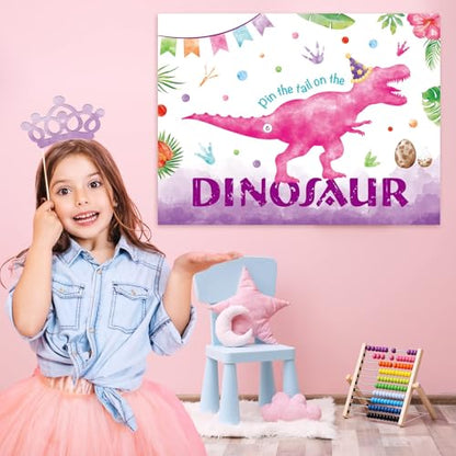 WERNNSAI Pin The Tail on The Dinosaur Game - Girl Dinosaur Party Decorations, 28" x 21" Dino Birthday Games for Kids, Includes Poster, Blindfold, 24 Pink Tails, 20 Dot Stickers - style: Dinosaur F
