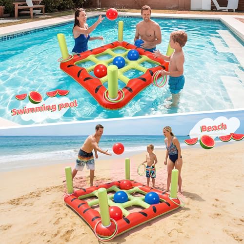 Pool Toys Games Set, 2-in-1 Giant Inflatable Pool Tic Tac Toe Game & Ring Toss with 12 Ring & 8 Balls, Fun Summer Swimming Pool Party Beach Float Games for 3-12 Yrs Kids Adult Family 2-10 Players