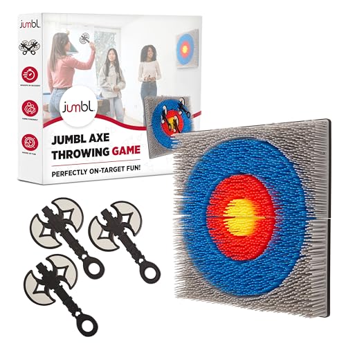 Jumbl Wall-Mounted Axe Throwing Game Set with Bristle Target and 3 Foam Axes, Indoor Safe Play for Adults, Teens, and Kids, Game Room Wall Decor for Basements, Man Caves, Bars, and Family Game Nights
