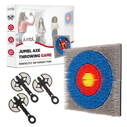 Jumbl Wall-Mounted Axe Throwing Game Set with Bristle Target and 3 Foam Axes, Indoor Safe Play for Adults, Teens, and Kids, Game Room Wall Decor for Basements, Man Caves, Bars, and Family Game Nights